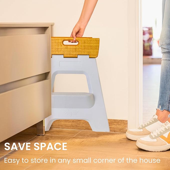 Vigar Compact Folding Step Stool, 16 in 2 Step, Gray Bamboo Print | 16 in Foldable Stool, Lightweight Portable Design, Handle, Non Slip Surface, Space-Saving, Supports up to 330 lb - Image 6