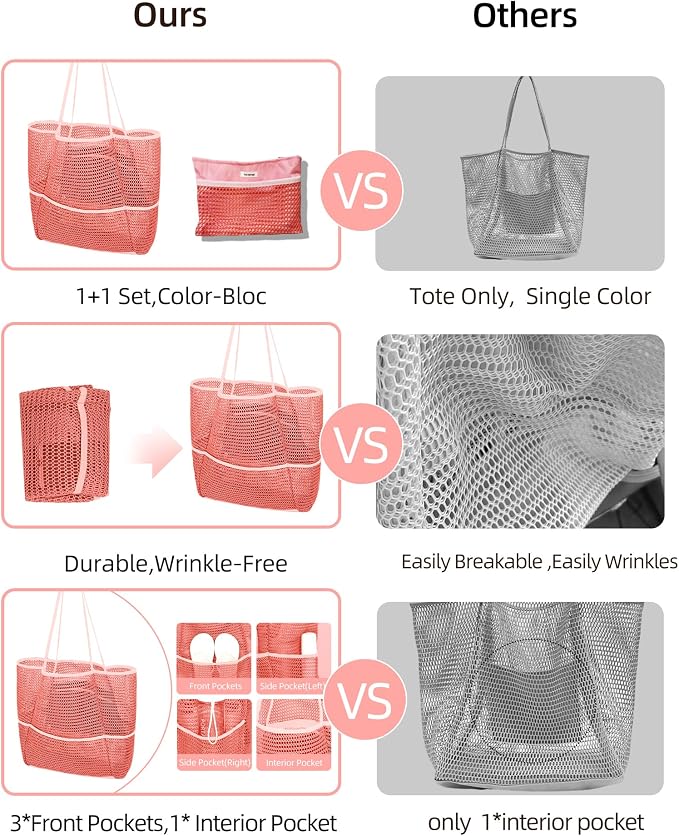 Mesh Beach Tote Bag for Women, 2-in-1 Large Lightweight Foldable Design | Packable into Matching Makeup Pouch | Multiple Pockets | Quick-Dry Sandproof Mesh | Beach, Pool, Travel, Shopping & Gym - Image 5