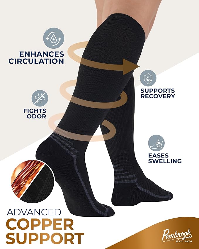 Pembrook 3 Pairs Copper Mens Compression Socks 20-30 mmHg, Running, Hiking, Athletic Cycling, Travel | Circulation Support - Image 2