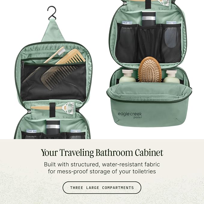 Eagle Creek Pack-It Trifold Toiletry Kit, Willow Green | Dopp Kit Toiletry Organizer with Padded Interior, Durable Hanging Hook and Large Compartments, Water-Resistant and Washable - Image 3