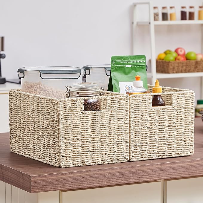 Wicker Storage Basket, Set of 2 Hand-Woven Paper Rope Wicker Basket, Small Storage Baskets for Organizing Toilet Paper Basket, Foldable Large Cube Storage Organizer Bins for Shelves (Beige) - Image 6