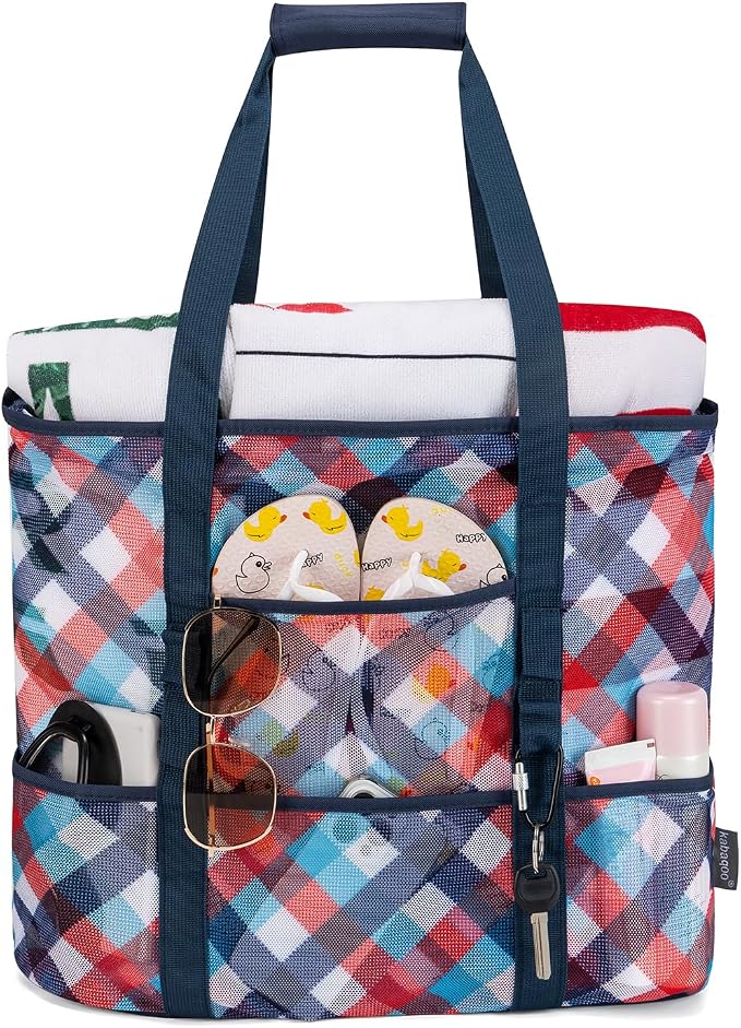 KABAQOO Mesh Beach Bag, Extra Large Beach Bags with 9 Pockets & Zipper Waterproof Lightweight Beach Tote for Beach/Pool Trip by KABAQOO