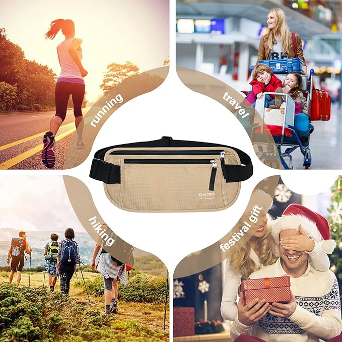 RFID Blocking Money Belt for Men Women, Slim Fanny Pack For Travel，Running,Conceal Waist Wallet For Passport Holder,Phone,Cash(Black Beige), Black Beige - Image 6