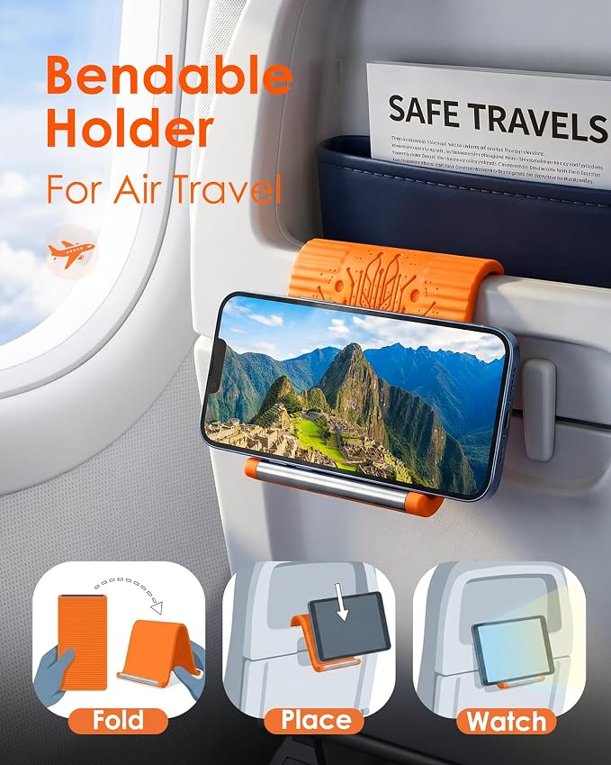 Airplane Phone Holder, Flexible Silicone Aluminum Phone Holder | Folding Cellphone Stand for Desk, Bed, Office, Treadmill - Airplane Gadgets for Long Travel Accessories - Plane Essential - Image 3