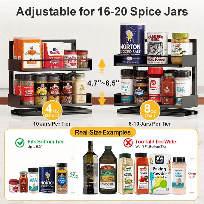 Vertical Spice Rack Pull Out - 1 Pack Rotate No-Drill Slide Out Spice Rack for Cabinet Swivel Easy Access Spices, Adjust Height for 4oz to 8oz Spice Jars Inside Kitchen Pantry Cabinet, Black - Image 4