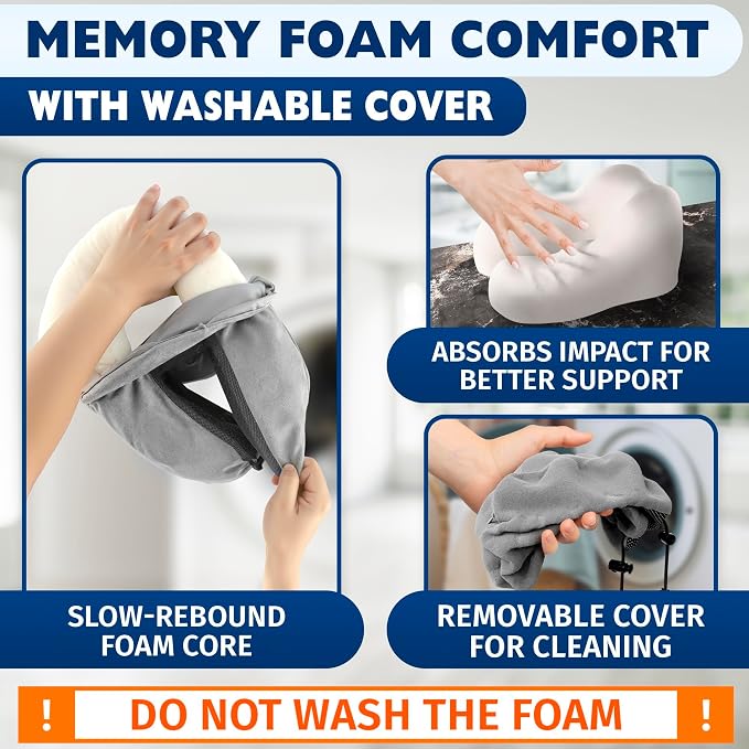 Travel Neck Pillow for Airplane, 100% Memory Foam (Gray) | 4-in-1 Set with 3D Eye Mask, Earplugs, Carry Bag, Washable Cotton Cover & Snap Buttons, Neck Pillow for Plane, Car & Train - Image 7