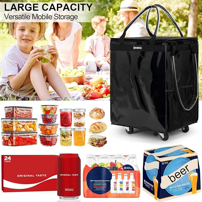 (Large,Black) Reusable Grocery Bag on Wheels, Foldable Rolling Tote, Carries Up to 76 lbs Shopping Trolley, Zipper Clouser Shopping Carts for Trips, Laundry, 5 Heavy Duty Wheels and 3 Handles - Image 5