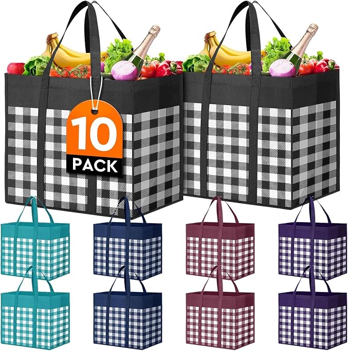 Reusable Grocery Shopping Bags 10 Pack Large Foldable Tote Bags Bulk | Eco Produce Bags with Long Handle for Shopping Groceries Clothes (Plaid C) by WiseLife