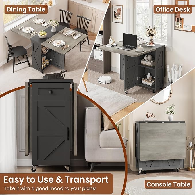 Folding Dining Table for Small Spaces with Storage, Drop Leaf Kitchen Table | 3-in-1 Foldable Dining Table with Drawer & Shelves, Converts to Desk or Console for Apartment Living - Image 3