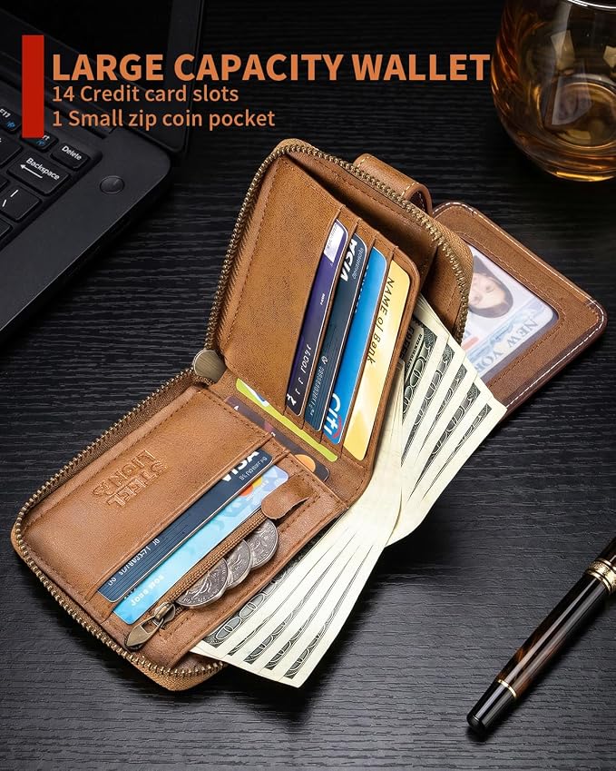 Men's Leather RFID Wallet with Zipper, 14 Card Slots, ID Window | Zippered coin pocket separates loose change; organized for commuting and everyday carry (Brown) - Image 5