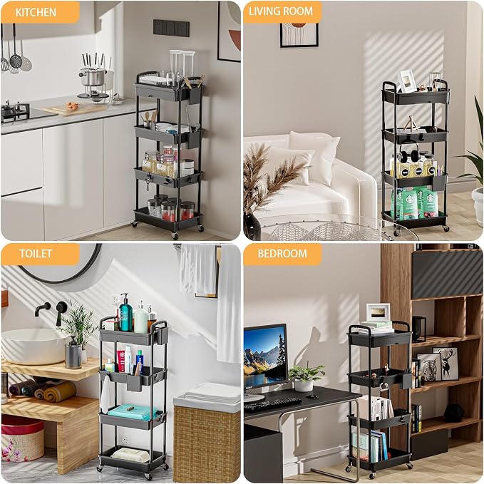 4 Tier Rolling Utility Cart with Drawer,REBECAT Utility Cart Made of Multifunctional Storage Organizer Tool for Kitchen,Bathroom,Living Room,Office(Black) - Image 6