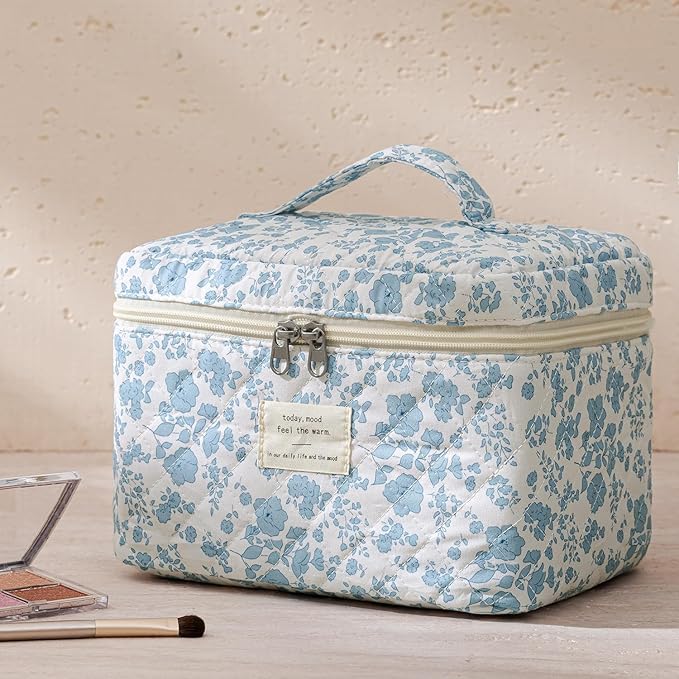 HBselect Quilted Makeup Bag, 3Pcs Cotton Large Travel Makeup Bags Organizer | Cute Floral Make up Bag Cosmetic Bag Toiletry Bag for Women Girls, Makeup Pouch for Skincare, Brushes & Travel Essentials - Image 4