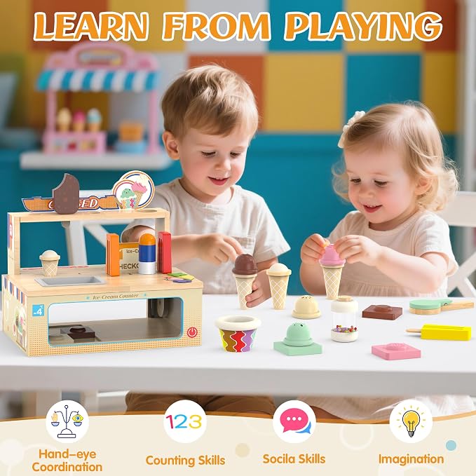 WOODMAM Foldable Wooden Ice Cream Toy, Pretend Play Food Store for Kids | Ice Cream Counter with Storage, 52 Pcs Kitchen Playset Fake Money & Menu, Birthday Gift for 3 4 5 6 Year Old Girls Boys - Image 6