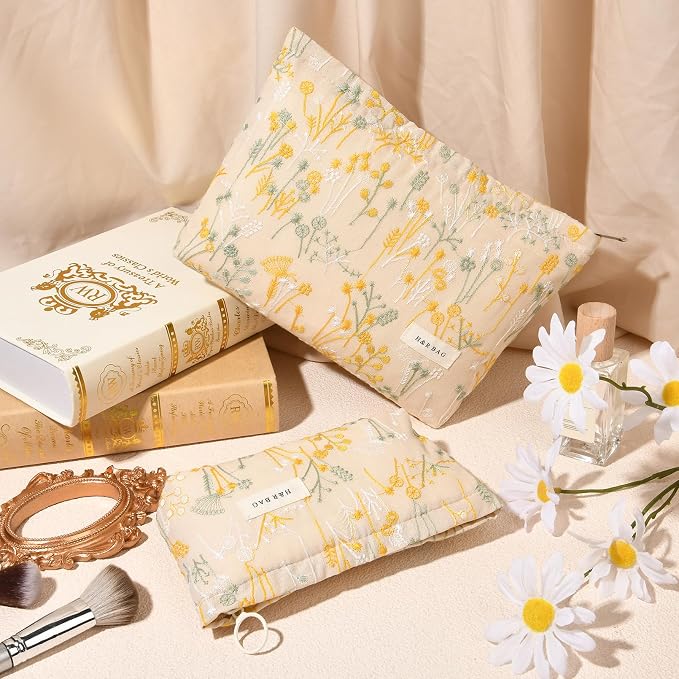 SOIDRAM 2 Pcs Makeup Bag Large Cosmetic Bag Toiletry Bag Makeup Pouch Travel Bag Organizer Cute Makeup Brushes Aesthetic Accessories Storage Bag for Women Wildflower Embroidery - Image 5