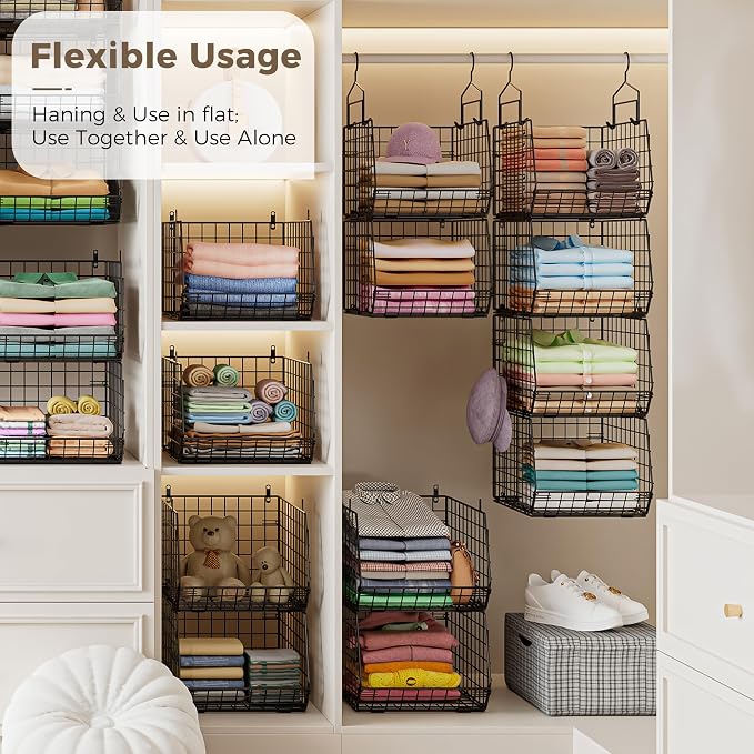 4" Extra Deeper Hanging Closet Organizers and Storage,4 Tier Foldable Wire Cabinet Shelves with 5 S Hooks,Small Metal Basket Bins for Clothes Sweaters Handbags, Wardrobe for Kitchen Laundry Room，Black - Image 6