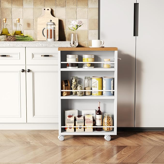 LITTLE TREE 4 Tier Rolling Cart with Wheels, 6.3 Inch Slim Storage Cart, Wooden Snack Cart with Narrow Shelf, White Laundry Room and Bathroom Organizer Shelves - Image 5