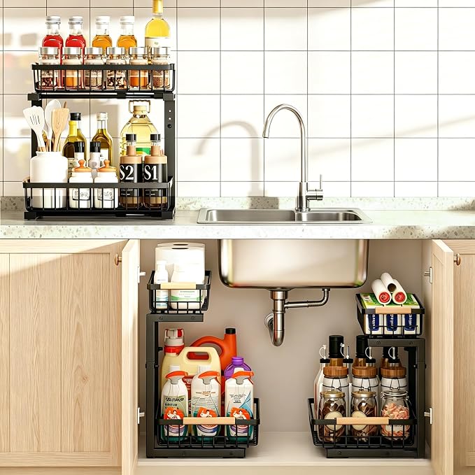 Under Sink Organizer, 2 Pack Height Adjustable Under Sink Organizers and Storage, 2 Tier Pull Out Drawer Cabinet Storage for Kitchen Bathroom - Image 8