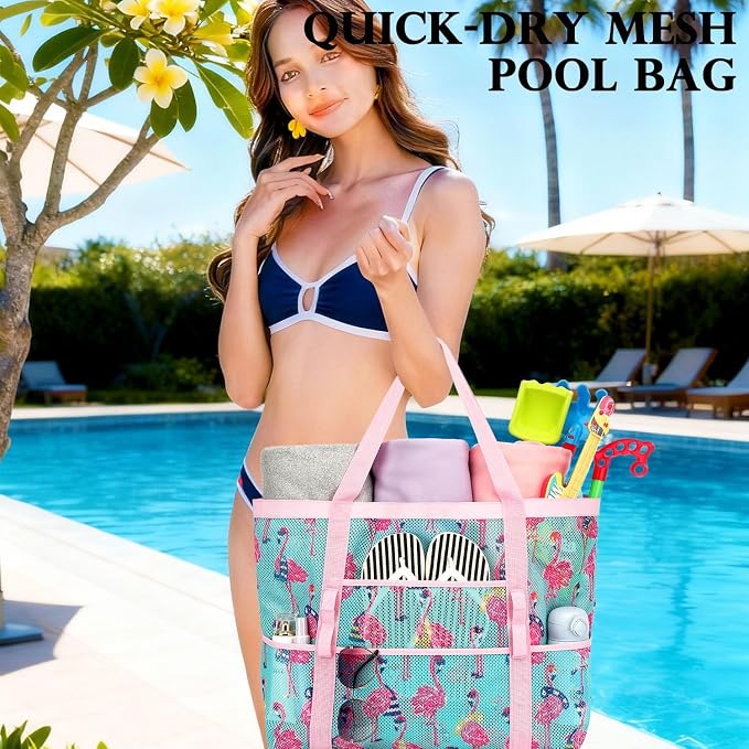Fammart Mesh Beach Bag for Women, Large Beach Toy Pool Bag with Zipper Pocket, SandProof Cruise Essentials 2026 Family Travel - Image 2