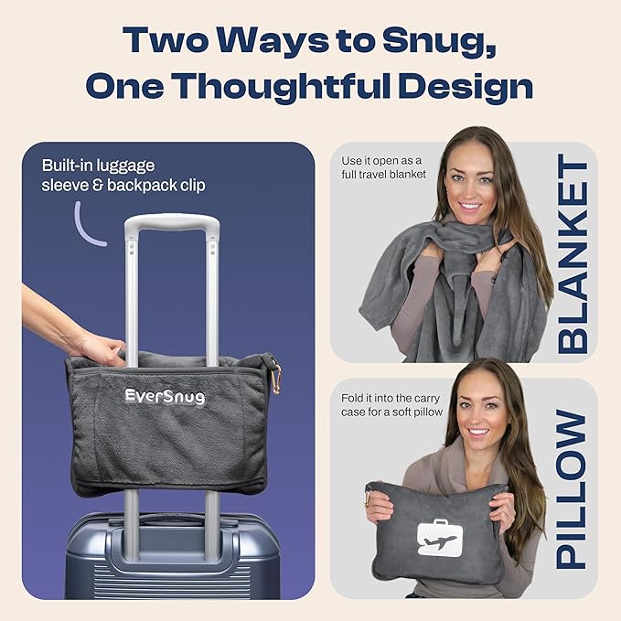 EverSnug Travel Blanket and Pillow - Premium Soft 2 in 1 Airplane Blanket with Soft Bag Pillowcase, Hand Luggage Sleeve and Backpack Clip (Grey) - Image 2