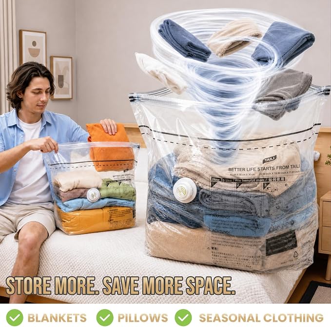TAILI 12 Pack Cube Vacuum Storage Bags, Medium Size (25x19x11 inch), Clear | Vacuum Seal Bags for Clothing, No Pump Compression Packing Cube for Blanket, Baby Clothes, Space Saver for Home Storage - Image 3