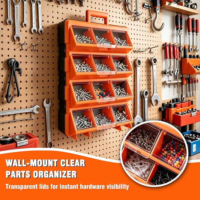 ULIBERMAGNET Tool Box Organizer,12-Compartment Portable Small Parts Organizer for Screws, Bolts,Nails,Washers, Wall-Mounted Hardware Storage Boxes for Garage, Truck, Workshop (Orange) - Image 6