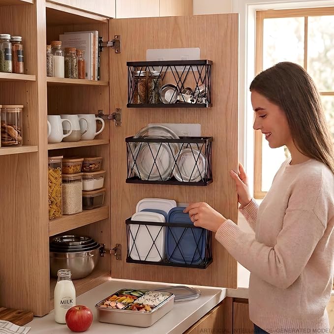 8 Pack Cabinet Door Organizer,No Drill Adhesive Metal Pot Lid Holder with 4 Storage Baskets &4 Tumbler Lid Holders,Rustproof Inside Cabinet Food Container Lid Storage Rack for Kitchen Pantry Bathroom - Image 6