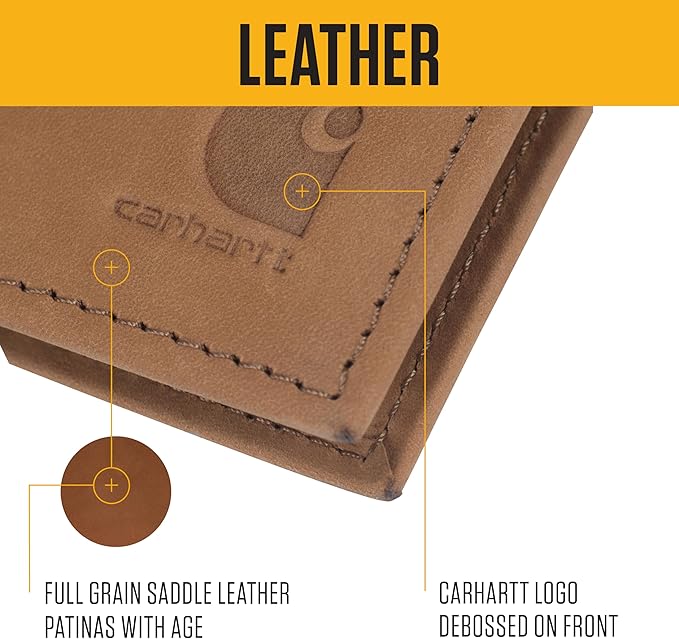Carhartt Men’s Full Grain Saddle Leather Wallets, RFID Blocking Bifold, Trifold, and Front Pocket Options, Gifts for Men - Image 3