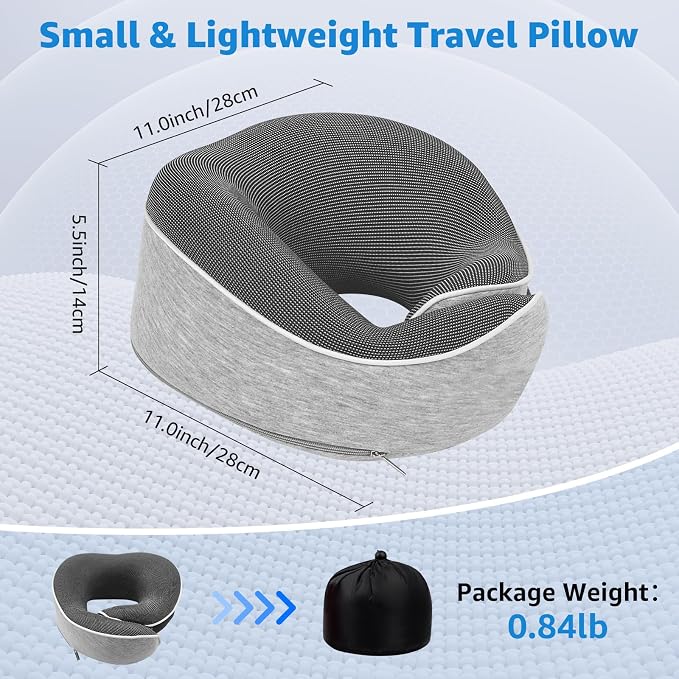 Memory Foam Travel Neck Pillow | Ergonomic 360 Degree Head Support for Airplane, Car and Office Sleeping, with Breathable Cotton Cover and Carry Bag, Gray-2 - Image 7