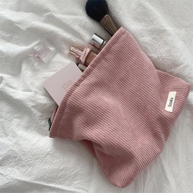 Cosmetic Bags for Women - Corduroy Cosmetic Bag Aesthetic Women Handbags Purses Smile Dots Makeup Organizer Storage Makeup Bag Girls Case Bags (Pure Pink) - Image 3