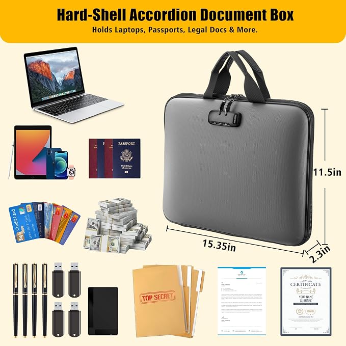 facka Fireproof Document Box with Lock, Hard-Shell Safe File Organizer | 13-Pocket Accordion Folder for Important & Legal Documents, Laptop, Passport, Cards & Valuables, Home Office Travel Gray - Image 2