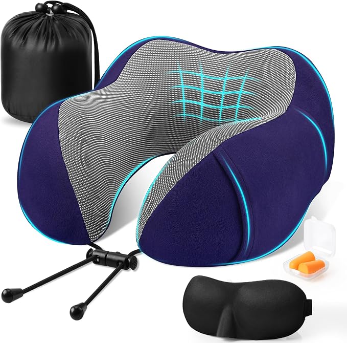 CloudBliss Neck Pillow for Airplanes, Memory Foam Travel Pillow, Navy | Compact Flight Pillow with Eye Mask, Earplugs, Carry Bag, Travel Neck Pillow for Long Flight Sleep, Plane Travel Essentials by CloudBliss