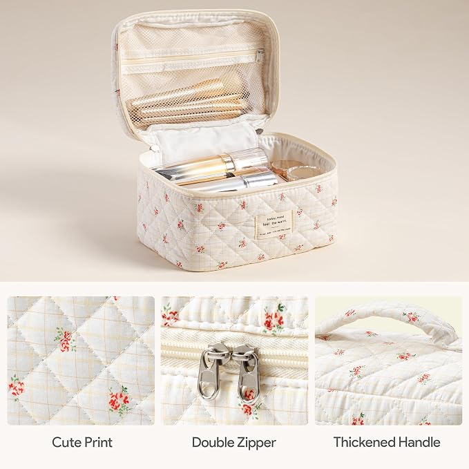 HBselect Quilted Makeup Bag, 3Pcs Cotton Large Travel Makeup Bags Organizer | Cute Floral Make up Bag Cosmetic Bag Toiletry Bag for Women Girls, Makeup Pouch for Skincare, Brushes & Travel Essentials - Image 2