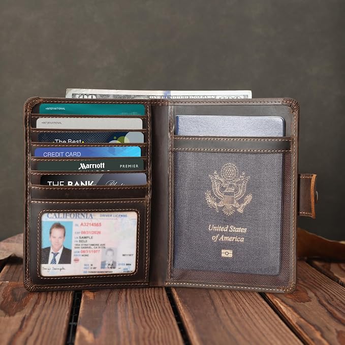 Polare Luxury RFID Blocking Leather Passport Holder Travel Wallet For Men and Women (Dark Brown with AirTag Slot(Snap Version)) - Image 2