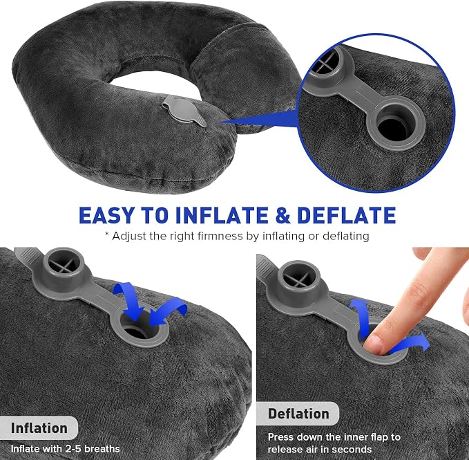 Rewondah Inflatable Travel Pillow, Inflatable Neck Pillow for Traveling Airplane, Travel Pillow with Soft Velour Washable Cover, U Shape Blow Up Neck Pillow for Airplanes Train Car Travel - Image 5