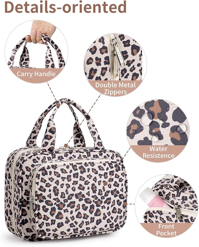 Narwey Hanging Toiletry Bag for Women, Travel Makeup Bag Organizer, Dry Wet Separation, Portable Bathroom Travel Bag for Toiletries, Cosmetics, Essentials, Brushes (Leopard) - Image 6