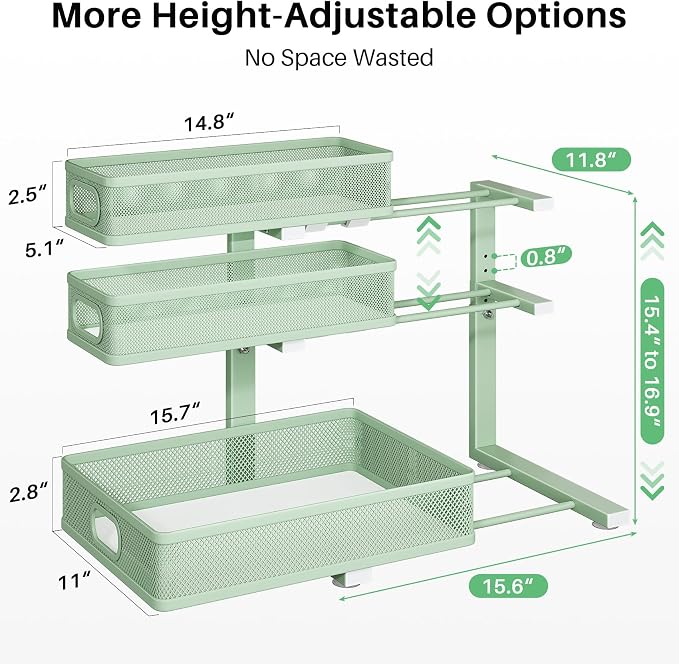 Kitstorack Under Sink Organizer, 1-Pack 3-Tier Height Adjustable Thickened Metal Pull out Cabinet Organizer Shelf, Slide out Storage Drawer Rack for Bathroom Kitchen Pantry Home Organization, Green - Image 9