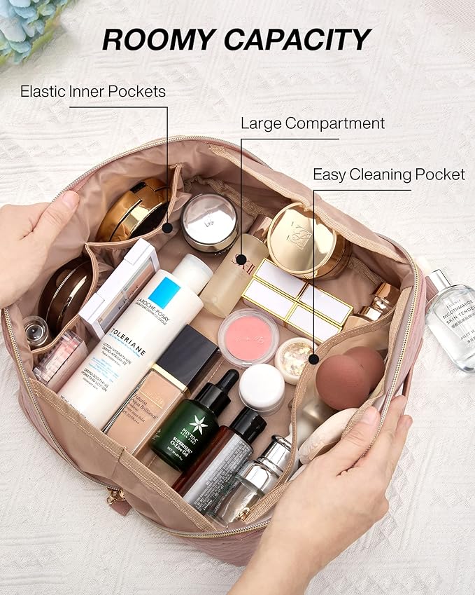 BAGSMART Makeup Bag Cosmetic Bag, Travel Makeup Bag,Water-resistent Makeup Bags for Women Portable Pouch Open Flat Make Up Organizer Bag for Toiletries, Brushes, Pink - Image 3