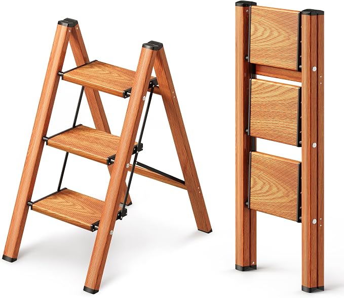 3 Step Ladder, Foldable Aluminum Step Stool with Anti-Slip Pedal | Lightweight yet Sturdy, Portable, Non Slip Feet, 300Lbs Capacity, Elegant Look, for Kitchen, Closet, Pantry, Woodgrain by GameGem