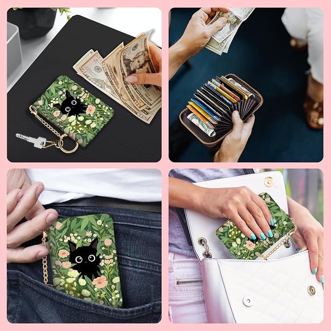 Blusabaca Women's Black Cat Floral RFID Wallet, Waterproof, Leather, 12 Card Slots, 2 Pockets for Coins, 2.5 in x 3.5 in | Removable Keychain, Case with Zipper, Vegan PU Leather, Cash Coin Pocket, Business Accordion Purse, Ladies Female Gift - Image 3