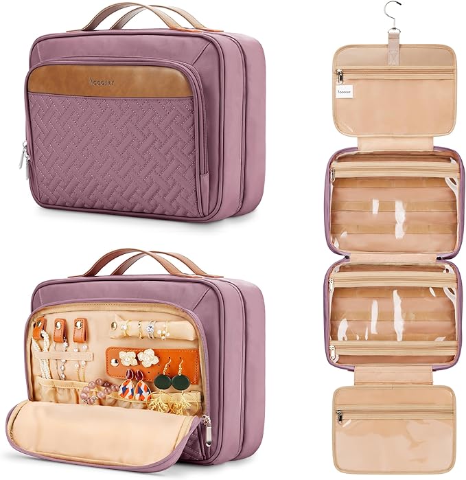 Travel Hanging Toiletry Bag for Women, with Jewelry Organizer Compartment, Medium Waterproof Hanging Makeup Accessories, Cosmetic Essentials, Toiletries Dopp Kit Set with Trolley Belt, Dark Purple by COOSKY