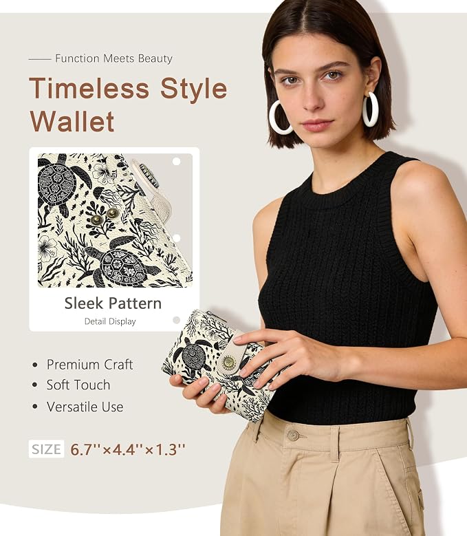 Sea Turtle Wallet Women RFID, Passport Holder, Credit Card Holder | 6.7" x 4.4" x 1.3" Bifold, Travel billfold, Zipper Pocket, PU Leather, Clutch, Purse, ID Window, Pen Holder, Gift Ladies Girl - Image 2