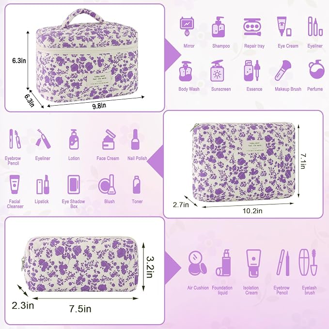 URSKYTOUS 3Pcs Cotton Quilted Makeup Bag for Women Girls Large Small Travel Portable Cosmetic Bag Set Cute Purple Floral Zipper Make Up Pouch Coquette Aesthetic Storage Toiletry Organizer Case - Image 2