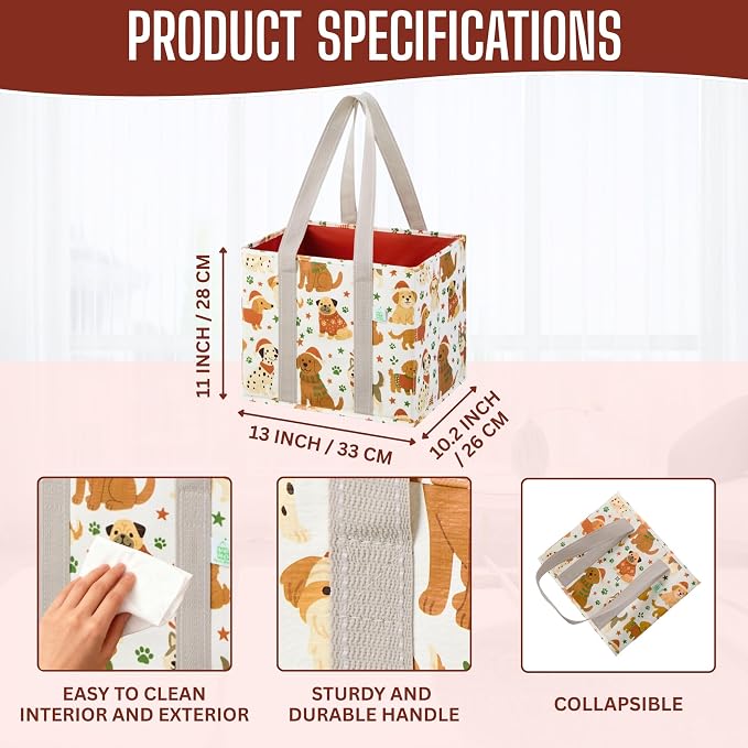 VENO 3 Pack Heavy Duty Reusable Grocery Shopping Bags Utility Tote | Water Resistant, Storage Box with Sturdy Handles & Hard Bottom, Foldable for Groceries Shopping Cart(Holiday Pups, 6 Gallon) - Image 2