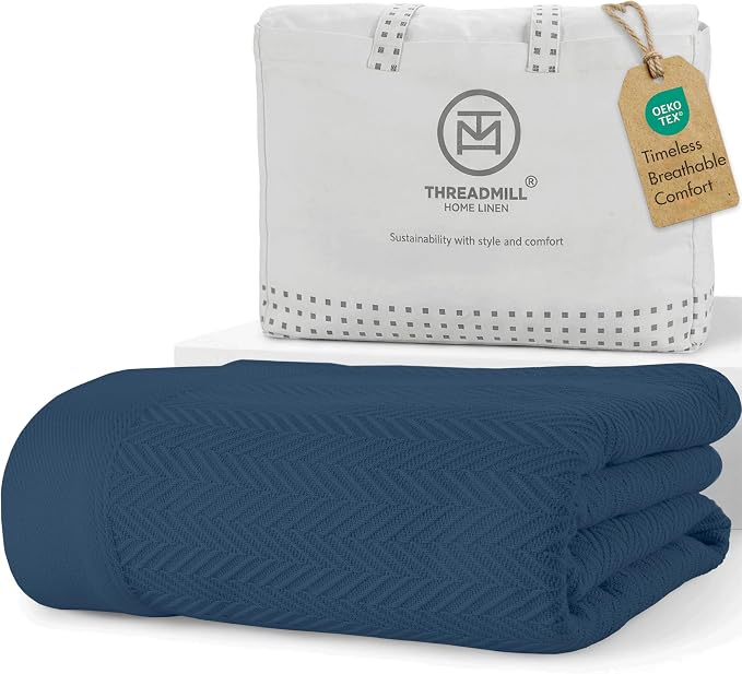 Threadmill Luxury Cotton Blankets for Twin Size Bed | All-Season 100% Cotton Twin Blanket for Bed | Herringbone Soft & Cozy Fall Thermal Blanket, 350GSM, 68x92 inches | Folkstone Blue | 100% Cotton, Herringbone Pattern, 350 GSM, 68x92 in, Breathable, A... by ThreadmillHomeLinen