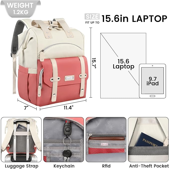 FALANKO Laptop Backpack for Women,Teacher Doctor Nurse Work Purse Bag for 15.6 Inch Laptop, Wide Open backpack With RFID Pocket, Large Water Resistant Travel Backpack White-Pink - Image 3