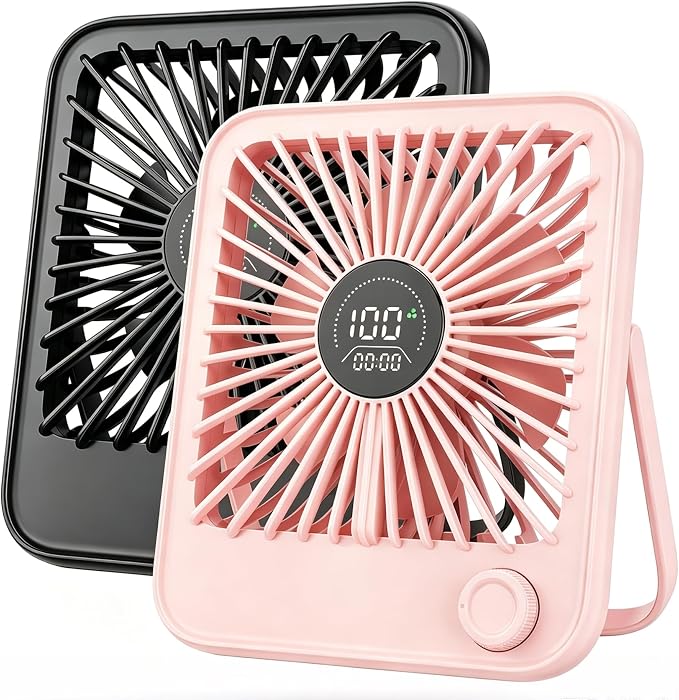 Ouddy Mode 2 Pack Small Desk Fan, Rechargeable Quiet Portable Travel Fan | 100 Wind Speeds Digital Display Black and Pink Personal Fans for Office Bedroom Home Outdoor by OuddyMode