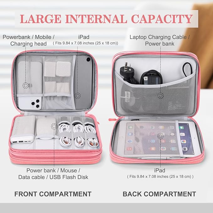 FYY Electronic Organizer, Travel Tech Pouch Bag, Extra Large, Pink | Wrist Strap, Waterproof, Double Layers Electronics Travel Case for iPad, Cord, Laptop Charger, Daily and Business Trips Use - Image 3