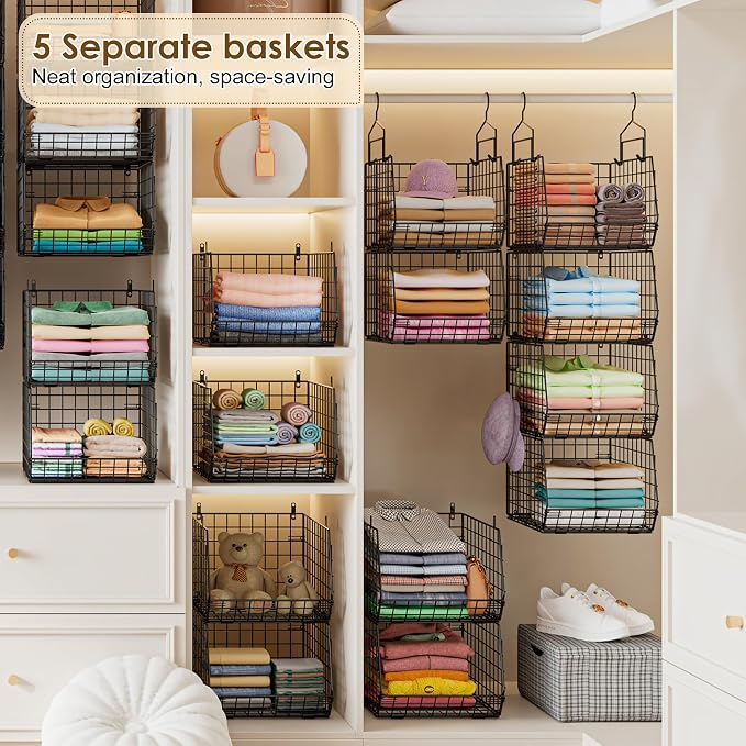 Capacity Upgrade Edition Deeper 4'' 5 Tier Foldable Hanging Closet Organizer and Storage，Wire Cabinet Shelves and Rack with 5 S Hooks,Stackable Metal Basket Bins for Clothes Shoe Purse,Black - Image 4