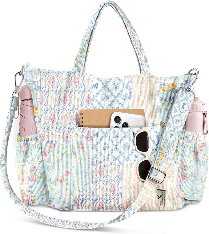 Miss Adola Corduroy Crossbody Tote Bag for Women | Multi Pocket Storage, Zipper Closure, Adjustable Strap, Fits 14 Inch Laptop, Foldable Reusable, for Work Travel Everyday by MissAdola