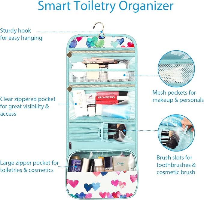 FINTIE Portable Toiletry Cosmetic Travel Bag Hanging Makeup Organizer | Large Water Resistant Storage Pouch Case, For Women Girls, Raining Hearts - Image 2